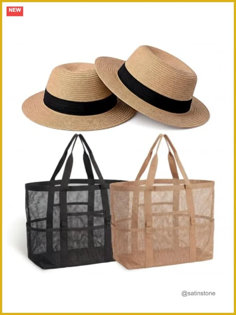 Foldable UPF 80+ Straw Sun Hat & Mesh Beach Tote Bundle Set for Women